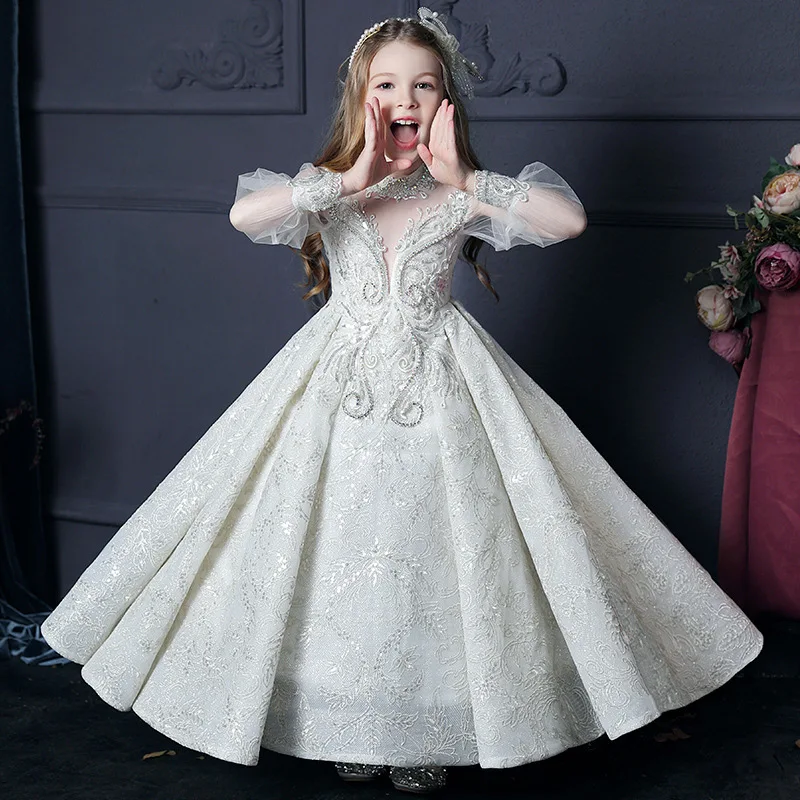 

Luxury White Flower Girl Dress for Wedding Beaded Pearls Lace Gown Real Picture Kid First Communion Dress Size 1-16T