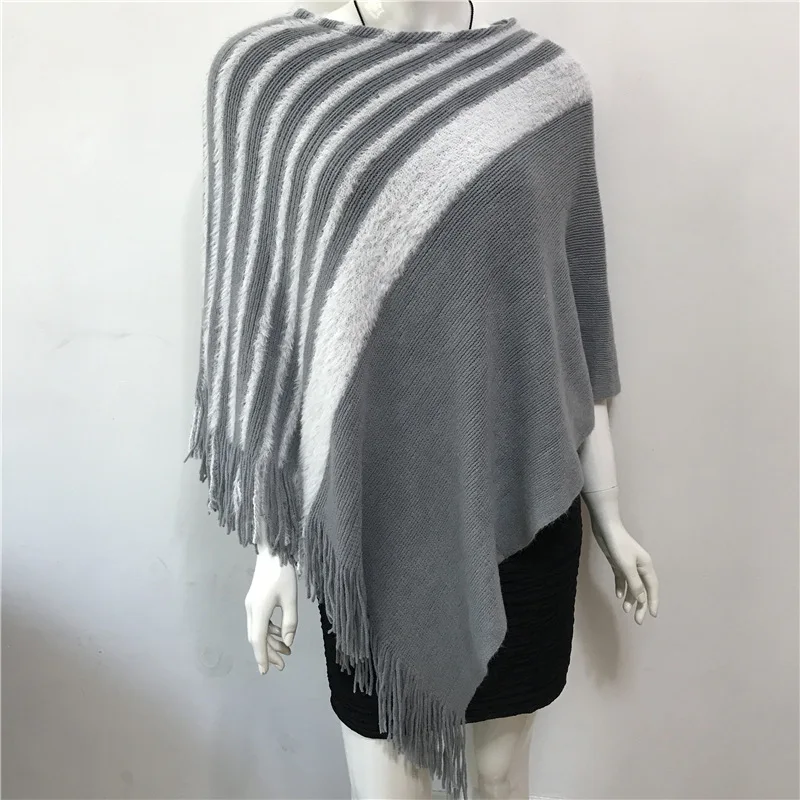 

2022 Spring Autumn New Women Knitted Cloak Diagonal Stripe Color Matching Knitted Poncho Cape Tassel Cloak Sweater Shawl Gray