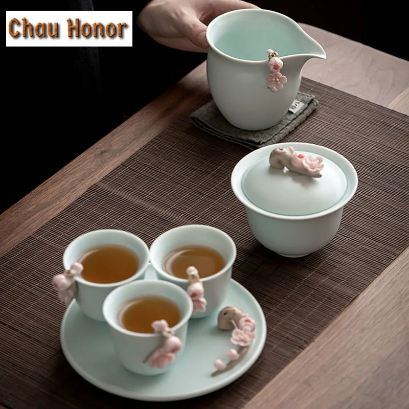 245ml Boutique Azure Ru Kiln Celadon Tea Pitcher Handmade Knead Pink Plum Blossom Ceramic Tea Maker Justice Cup Tea Ceremony