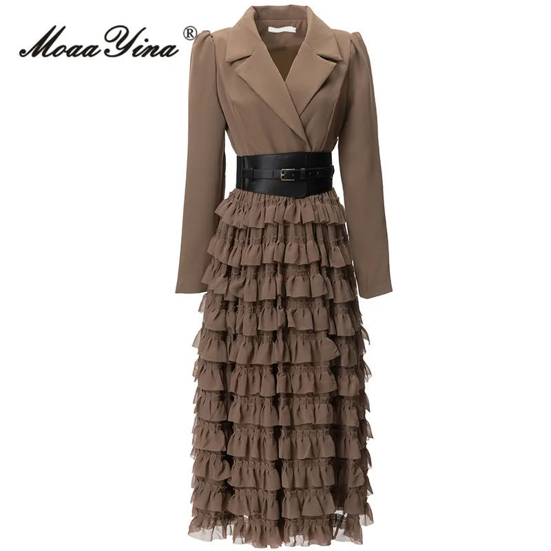 

MoaaYina Autumn Fashion Designer Russet Vintage Spliced Dress Women's Lapel Button Ruffles Sashes Gathered Waist Slim Long Dress