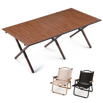 야외 접이식 테이블 의자 나뭇결 탄소 강철 탄소 강철 계란 롤 휴대용 해변 테이블 야외 캠핑 의자 나무 무늬 관광객 플레이트 테이블