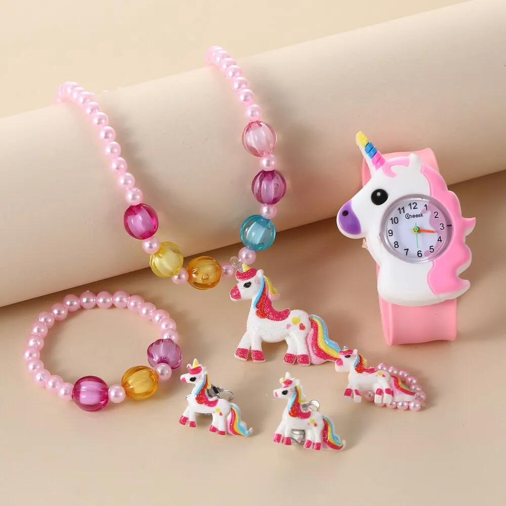 Children Rainbow Horse Patter Watch Jewelry Set Necklace Earrings Ring ...