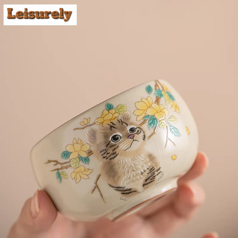 Imitation Song Cream Ru Kiln Teacup Cute Cat Water Jug Large Capacity Tea Bowl Opening Master Mug Meditation Cup Kung Fu Teaset