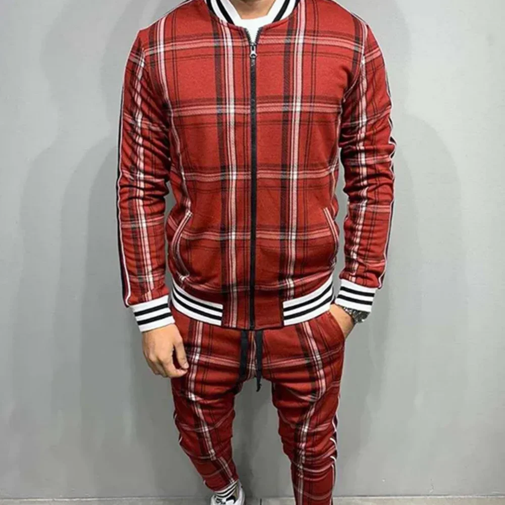 New Zipper Set Colorful Plaid Men Casual Autumn Tracksuit Set Male Sweatshirt Pocket Fashion Jackets Men Tracksuit Sets Mens set 4