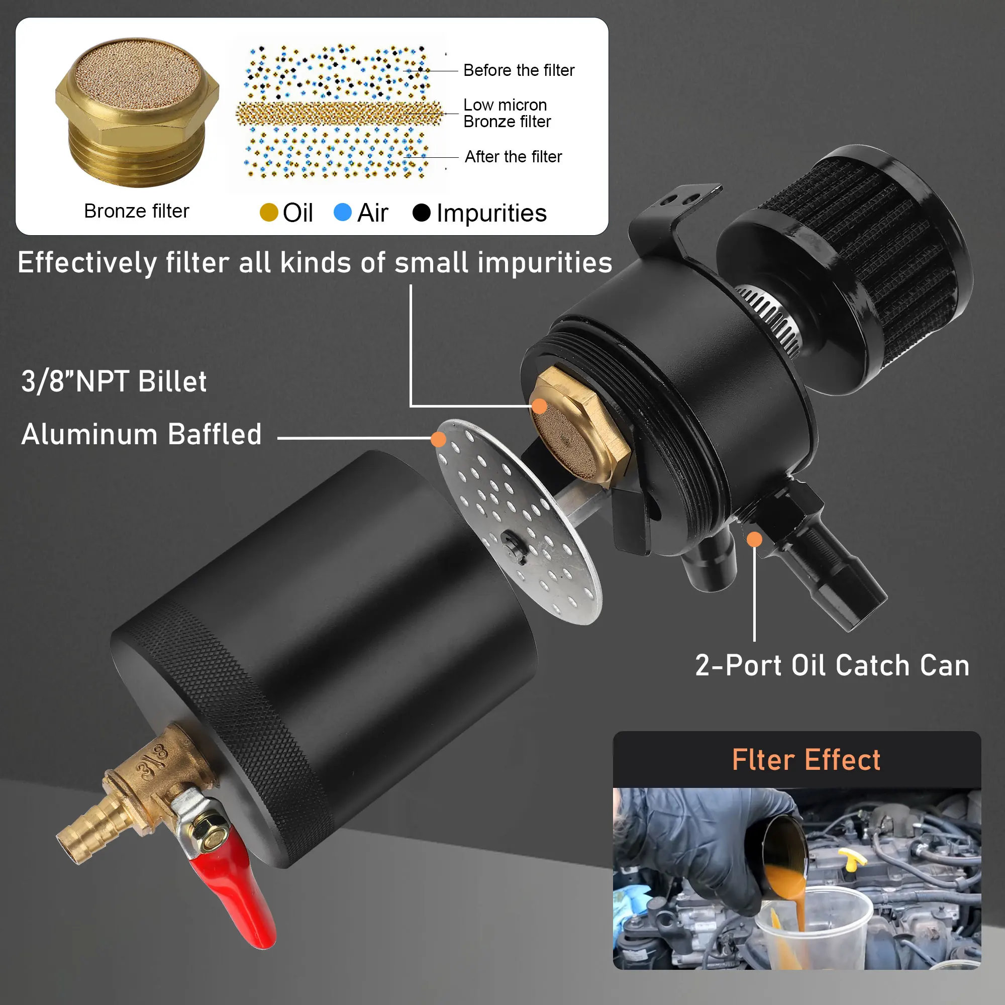 150ml 2-Port Baffled Reservoir with Drain Valve Breather Cylinder Filter Kit Car Aluminum Reservoir Oil Catch Can Tank Oil Catch Can Tank