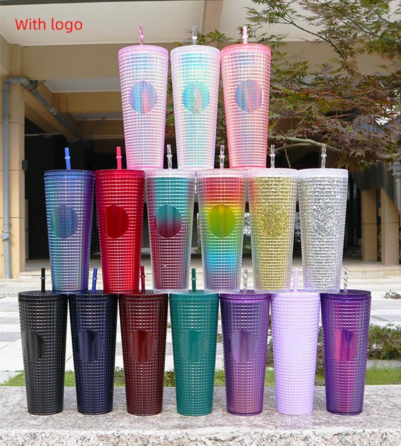

710ml 24oz DIY New Double Wall Plastic Corn Tumbler Straw Tumbler With Straw YES Starbks Logo Coffee Cup