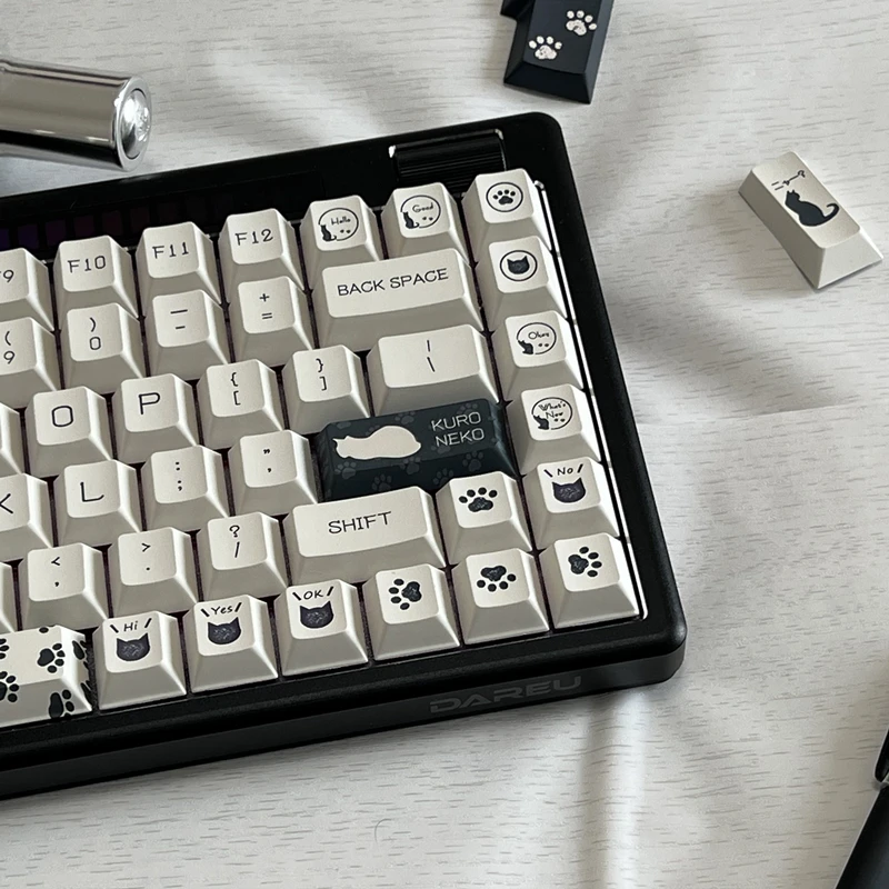 Chaves Conjunto Preto Gato Kuroneko Keycap Pbt Tintura Subbed Keycaps Cherry Perfil Keycap para 61 64 68 87 980 104 Hhkb 142 - Imagem 3