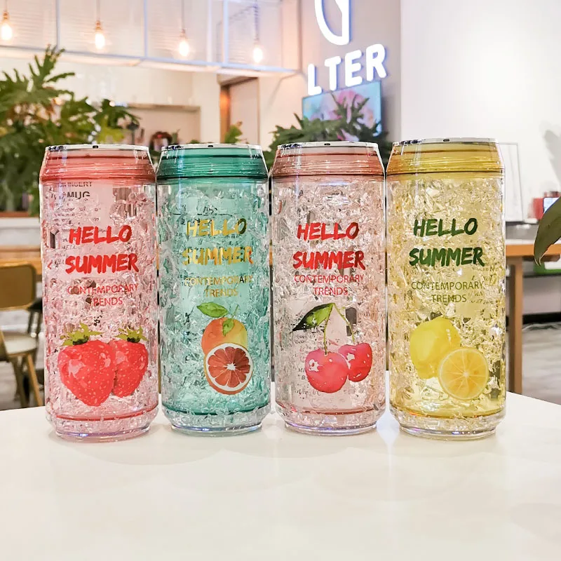 Crack Style Refrigerator Ice Cup Cans Plastic Reusable Cup Double-Layer Plastic Water Bottle With Straw