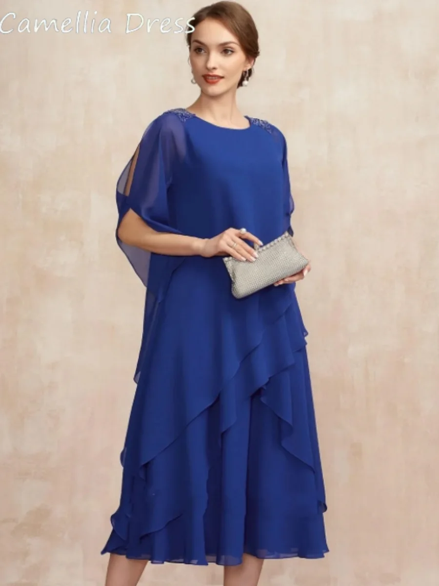 Elegant Mother of the Bride Dresses Zipper Beaded Tea Length Chiffon Party Dresses Back Simple O Neck