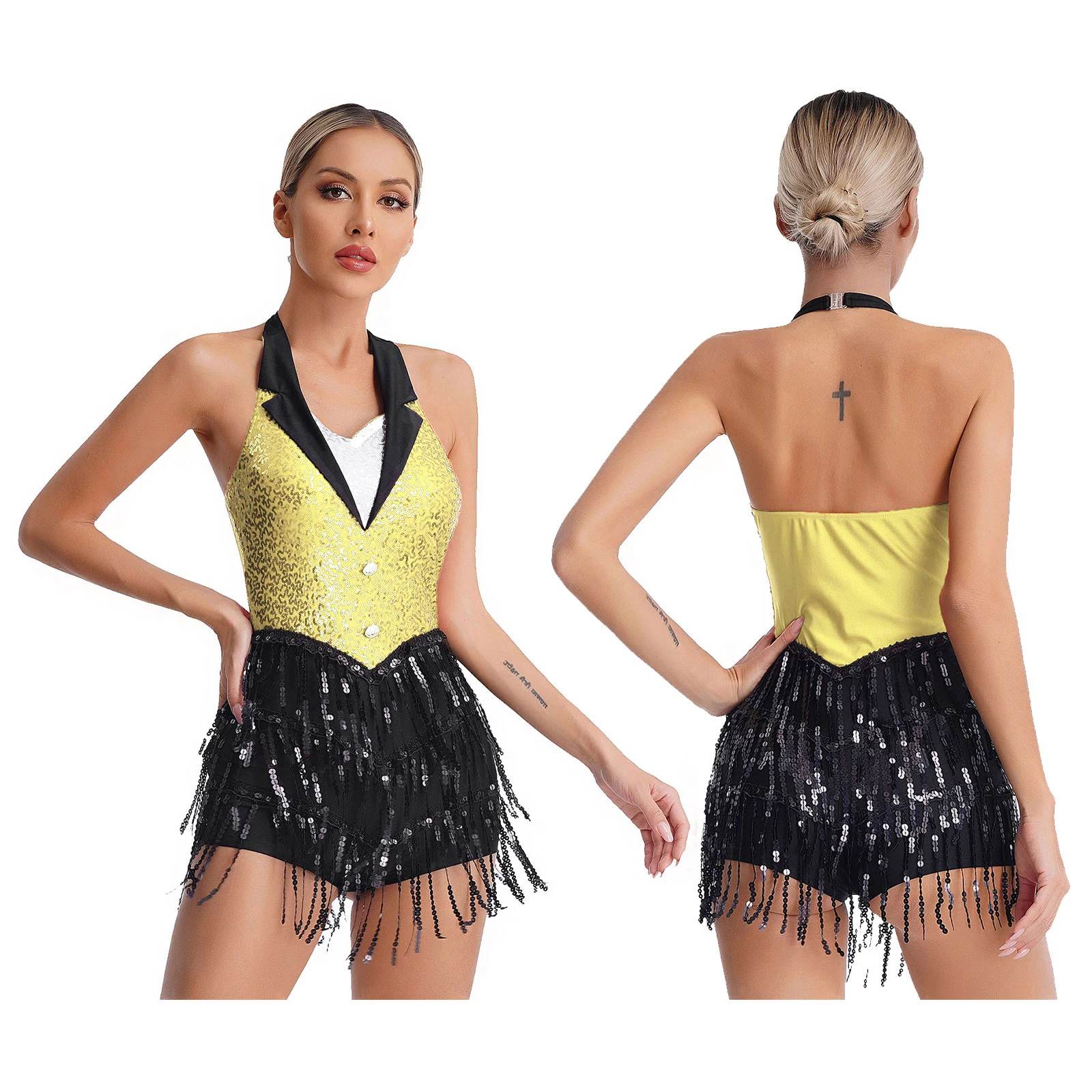 thumbnail image 1 of Mono con flecos y lentejuelas brillantes para mujer, traje de baile latino de jazz, sin espalda, sin mangas, con borlas, ropa de baile, 1 of 5