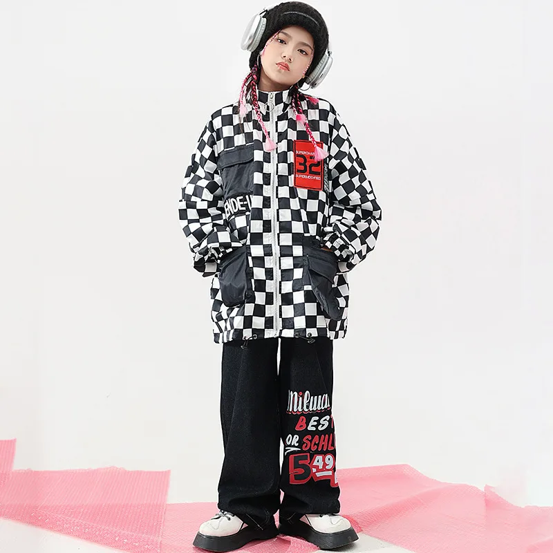 

Kids Hip Hop Plaid Jacket Loose Jeans Girls Jazz Checked Coat Baggy Pants Clothes Teen Street Dance Costume Children Streetwear