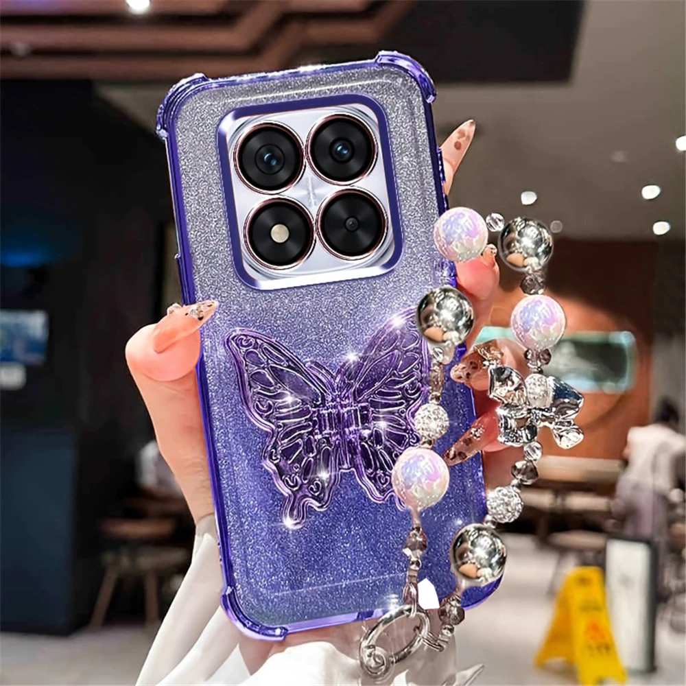 Glitter Plating Butterfly Holder Phone Case with Bracelet - Soft Silicone Shockproof Cover