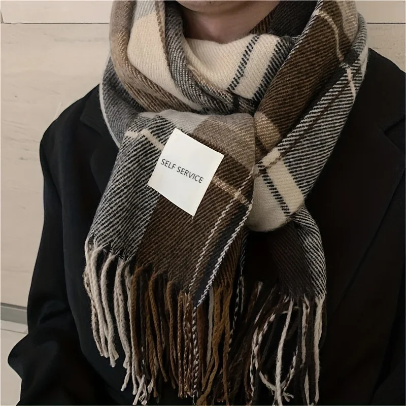 

Vintage Coldproof Thickened Scarf Lengthened Shawl Stylish Plaid Striped Long Tassel Winter Warm Windproof Neck Scarves