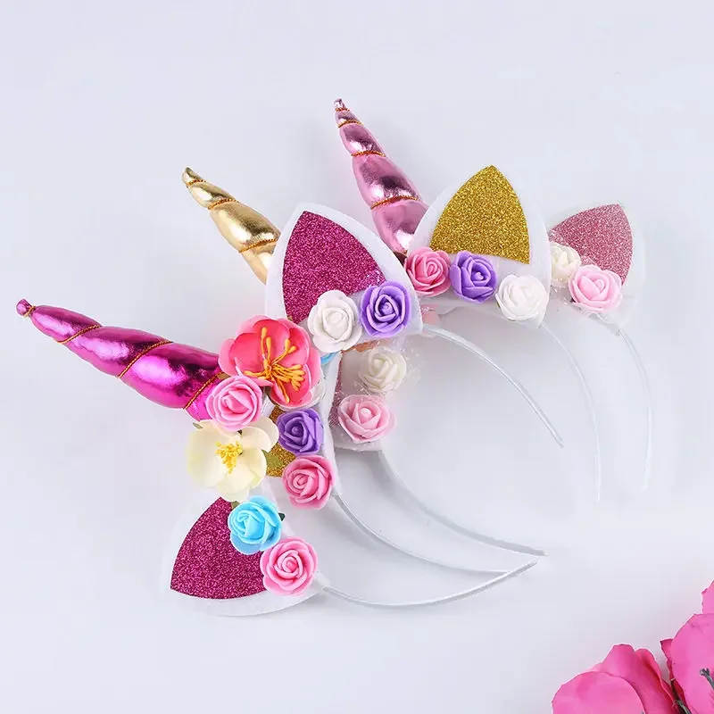 Girl Baptism Birthday Headband Horn Gold Glittery Artificial Flowers Ears Headwear Princess Unicorn Theme Baby Shower Party Gift
