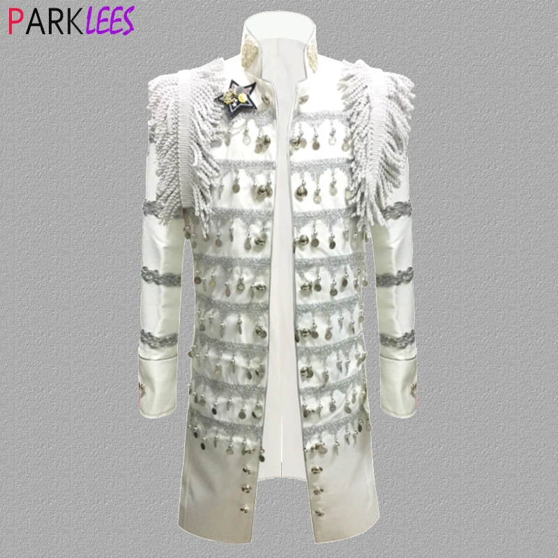 

Mens Extra Long White Tassels Court Prince Suit Jacket Brand Stand Collar Slim Fit Steampunk Vintage Uniform Blazer Masculino
