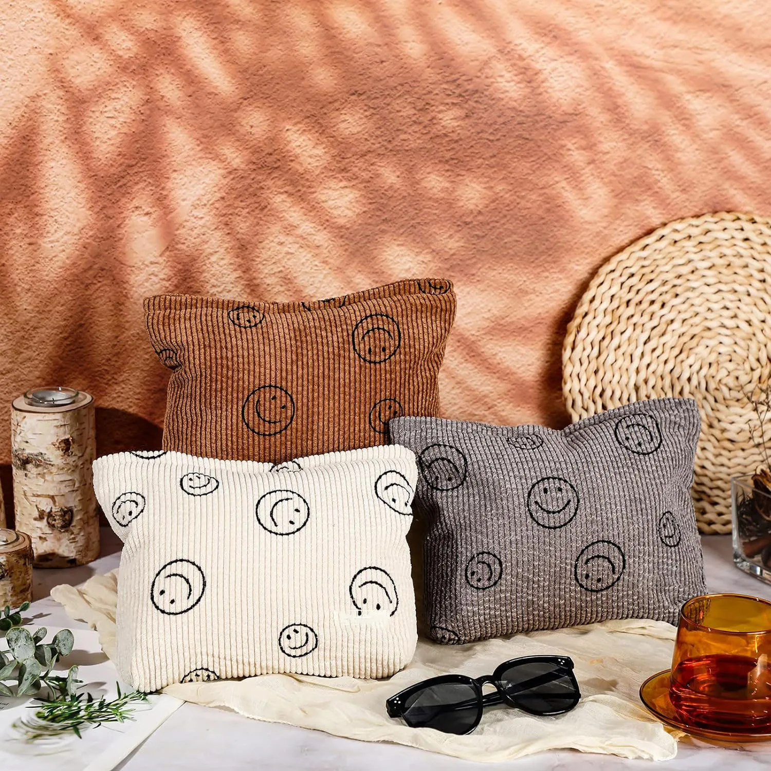 Makeup Bag For Women - Corduroy Cosmetic Bags Aesthetic Design Ladies Tote Bag, Cute Smiley Face Makeup Organizer with Zipper 2