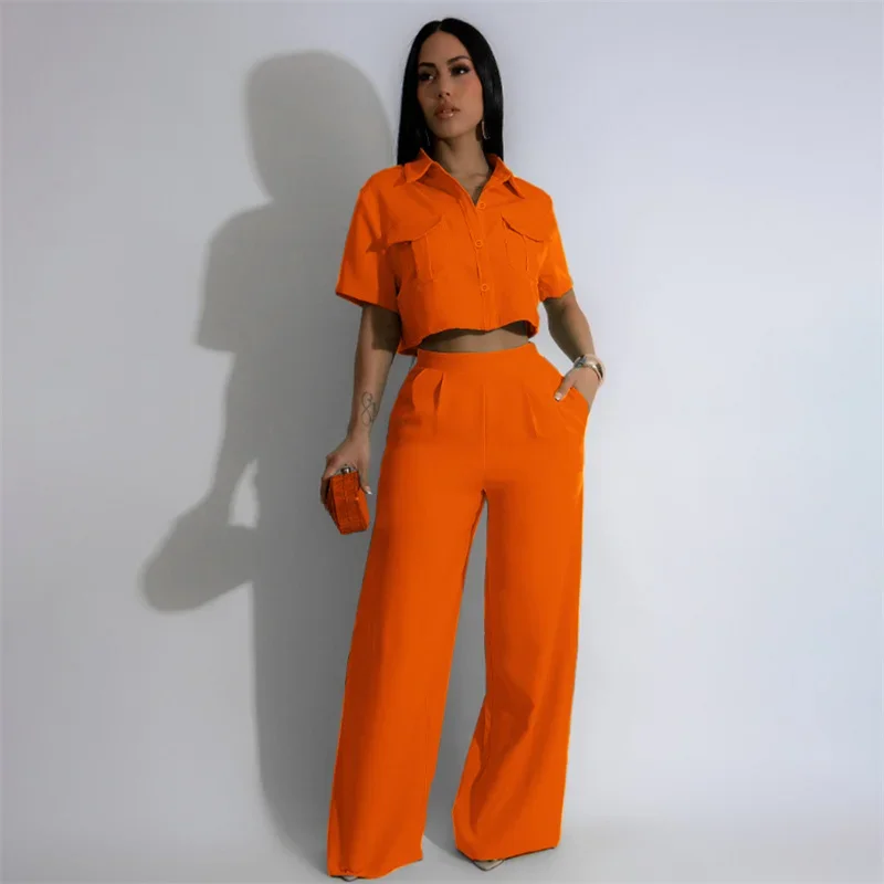 Solid Elegant Pant Sets Womens 2 Piece Outfit Summer 2024 Turn-down Collar Button Up Pockets Shirt Top and Wide Leg Pants Suit - Image 2