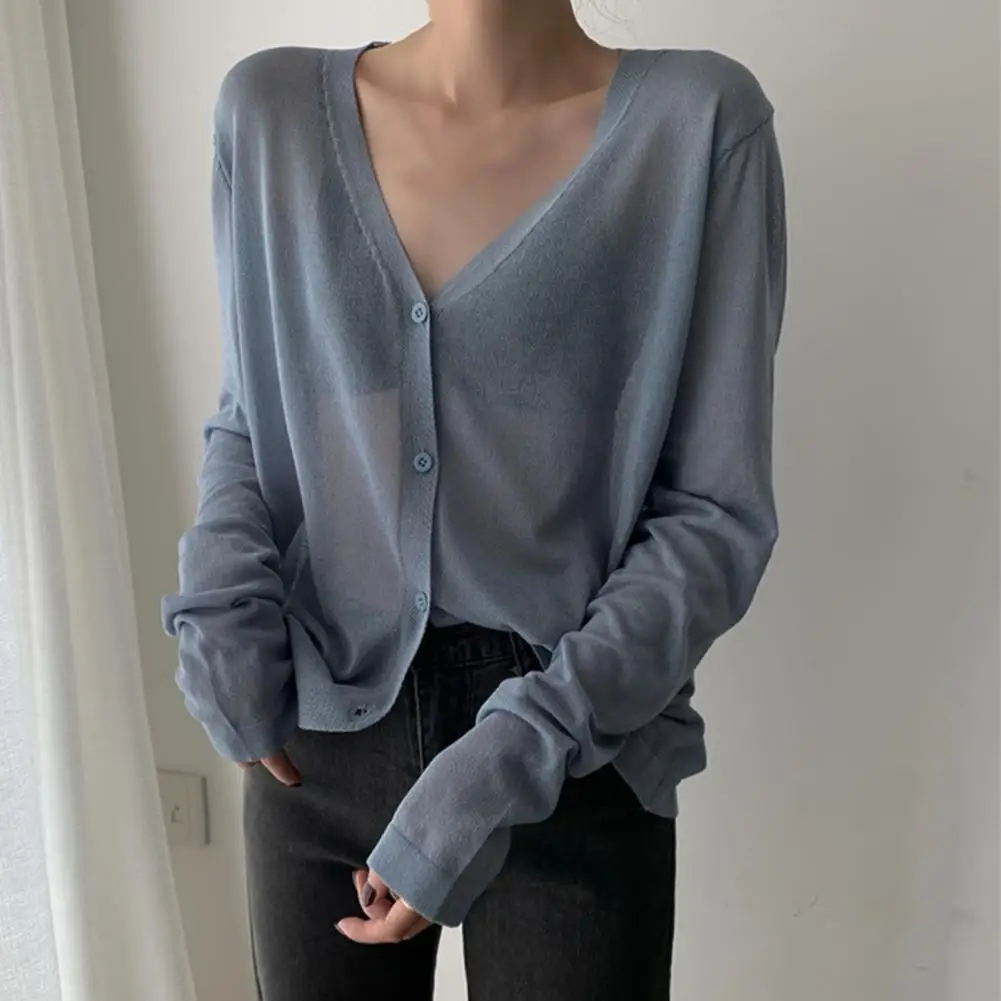

Cardigan Women Korean Long Sleeve Cardigan Summer Cropped Cardigan Knitted V-Neck Thin Ice Silk Sweaters Sunscreen Shirt Tops