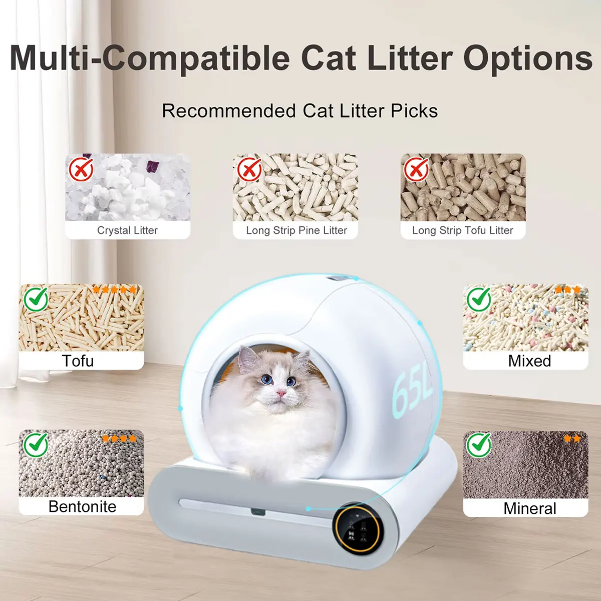 자동 스마트 고양이 화장실 65L 자가 세척 밀폐형 대형 고양이 변기 트레이 다묘 가정용 앱 제어 2.4G WiFi