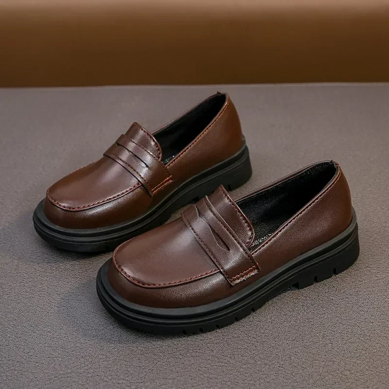 New Spring Autumn PU Leather Shoes Boys Girls Britain Style Black Brown Performance Shoes Children Slip-on Casual Loafers