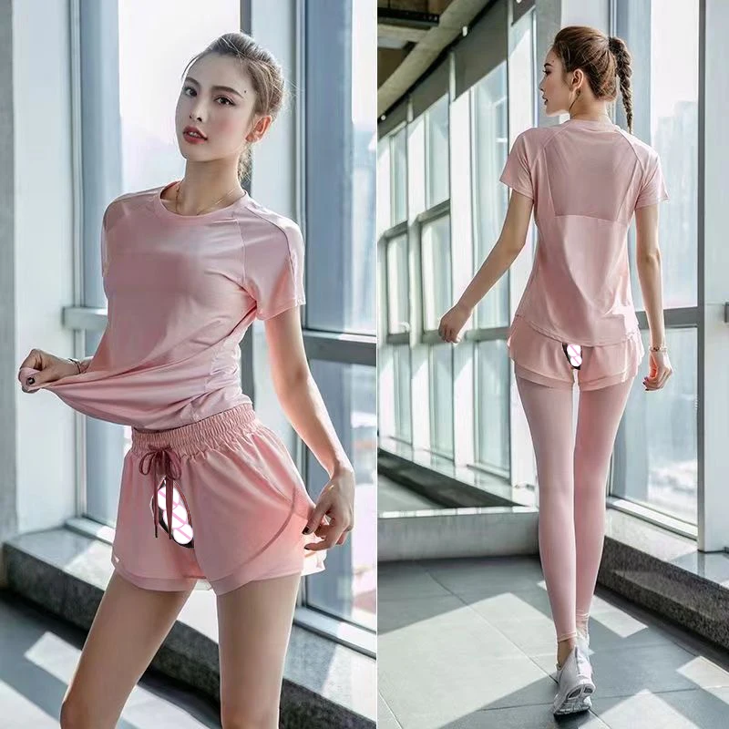 

Summer Jogging Suit Club Sex Yoga Clothes Female Open Crotch Outdoor Fitness Leggings Shorts Loose Elastic Thin Quick-Drying Top