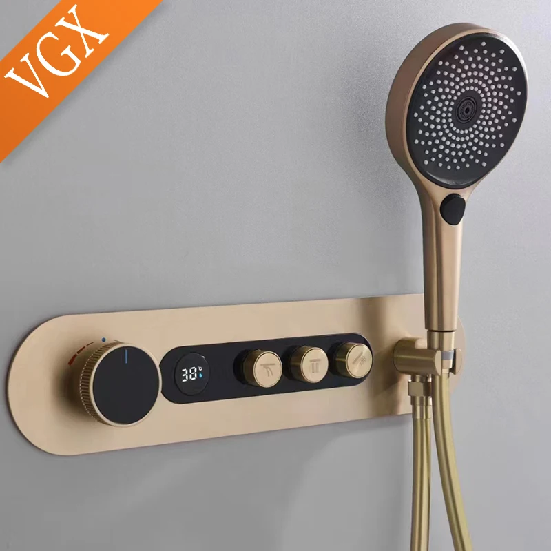 VGX Luxury Concealed Thermostatic Shower System Set Temperature Display Waterfall Shower System Rainfall Bathroom Set