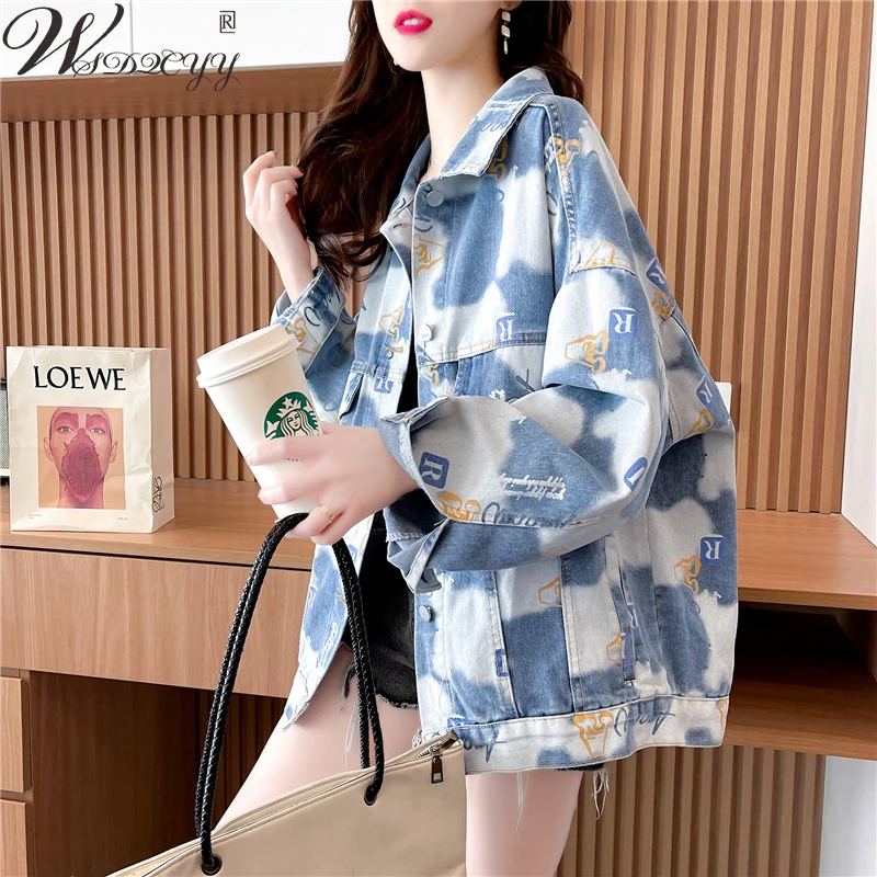 

Letter Print Denim Jacket Women Fashion Loose Boyfriend Cowboy Coat Streetwear Vintage Single Breasted Outwear Lazy Jean Coat