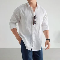 Hommes décontracté mode chemise à manches longues 100% lin coton T-shirts noir hauts blancs vêtements grande taille classique Baggy chemises hommes 4