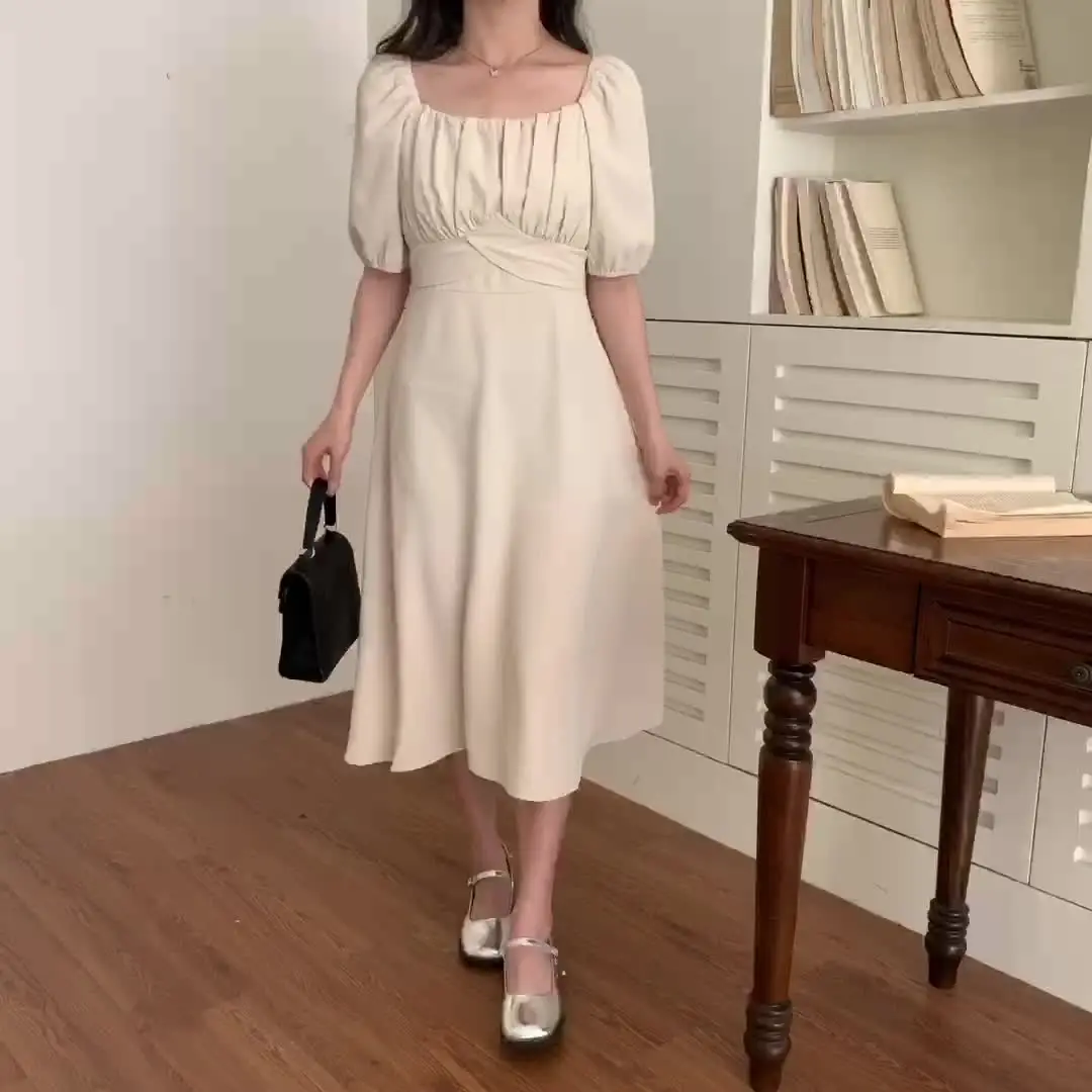 

Square Collar Folds Temperament Literary Simple Women Dress Summer Solid Color Versatile Chic Short Sleeve Fresh Sweet Frocks