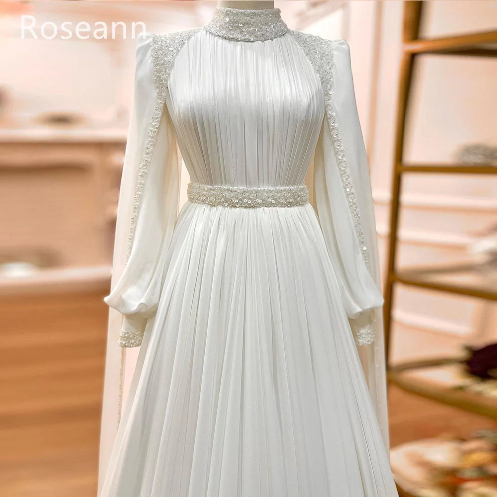 Customized Muslim High Collar Ivory A-line Wedding Dresses Paillette Fold Draped Pleat Belt Brideing Gown robe de mariée 2025
