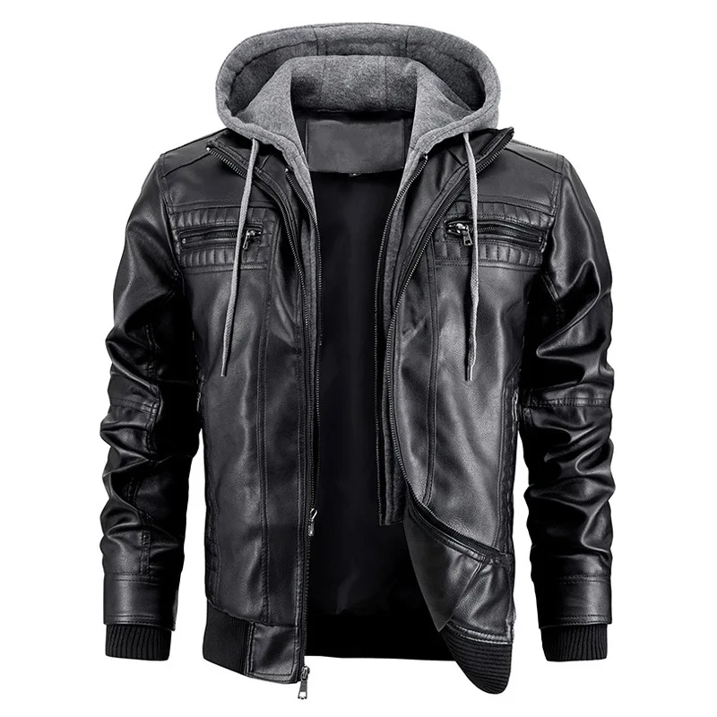 Leather Jackets Men's Motorcycle Slim Fit Hooded PU Coat Autumn Winter Casual Windproof Detachable Hat S-XXXL