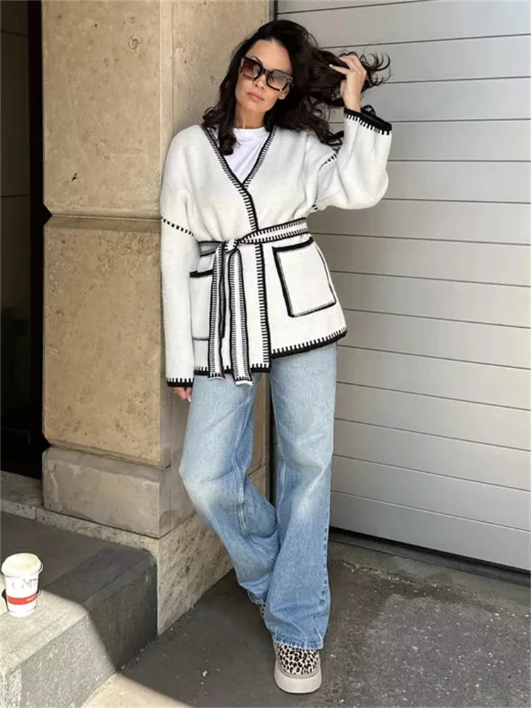 Knit Contrast Cardigan Sweater For Women Lace-Up Pocket Long Sleeve Patchwork Loose Coat Autumn Knitwear Women's Outwear