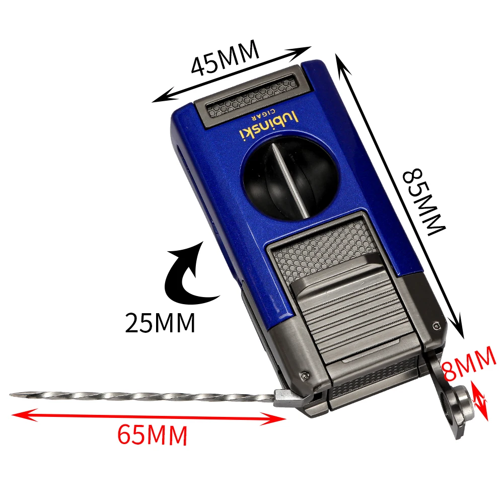 LUBINSKI 2 Torch Lighter Portable Metal V Cutter Cigar Lighter Butane Gas Jet Blue Flame Needles Punch Cigar Lighters