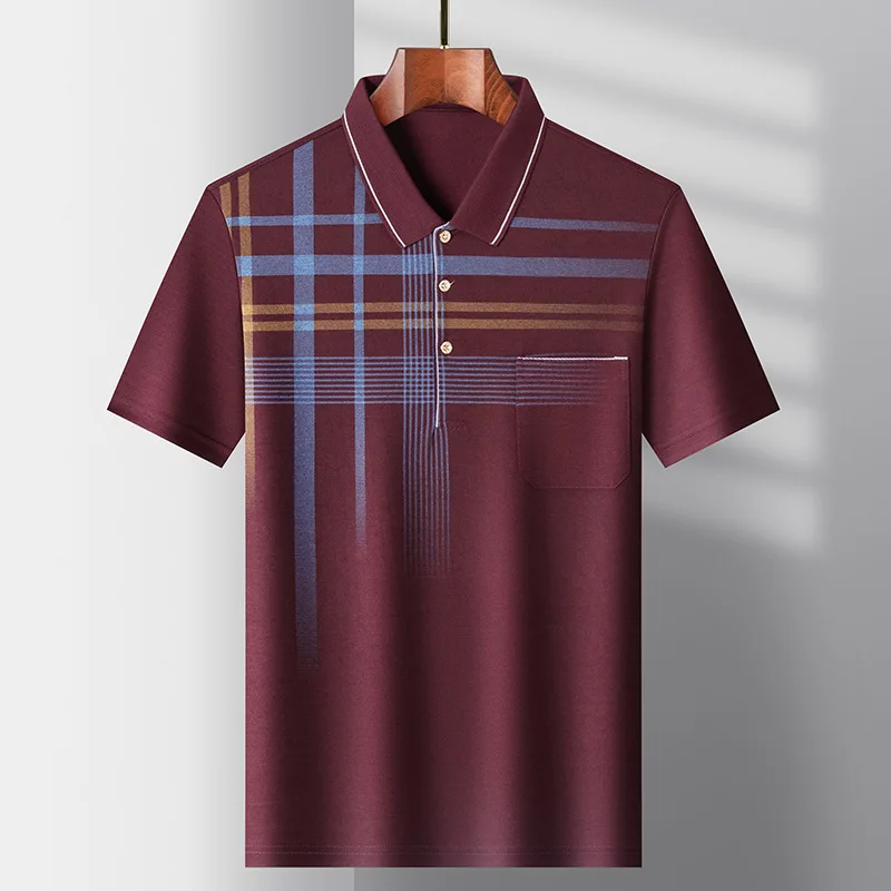 

Новинка Лето 2023, Мужская футболка с коротким рукавом, полосатая рубашка-поло из ледяного шелка