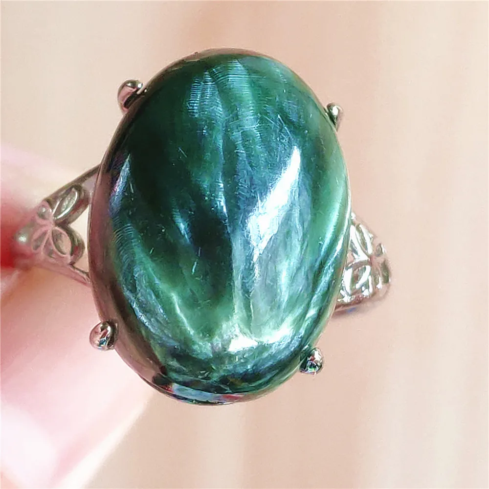 silver rings Natural Green Seraphinite Adjustable Size Ring Women Men Seraphinite Ring Clinochlore Oval Gemstone 925 Sterling Silver AAAAAA gucci ring