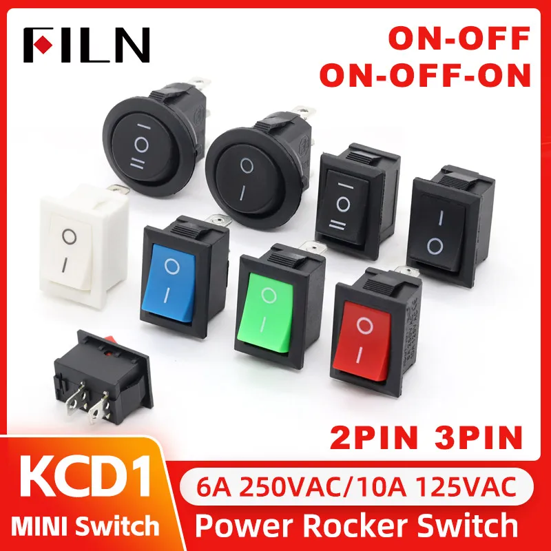 FILN KCD1-101 MRS-101 2 Pins on Off Mini Rocker Switch 21x15mm 6A 250VAC 10A 125VAC Snap-in for Easy Installation