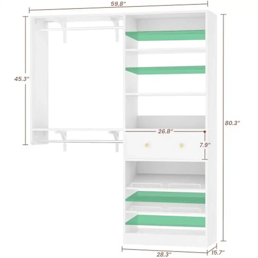 5FT Wood Closet Organizer System with Storage Drawer and Adjustable Shelves Modern Walk In Closet Rack 3