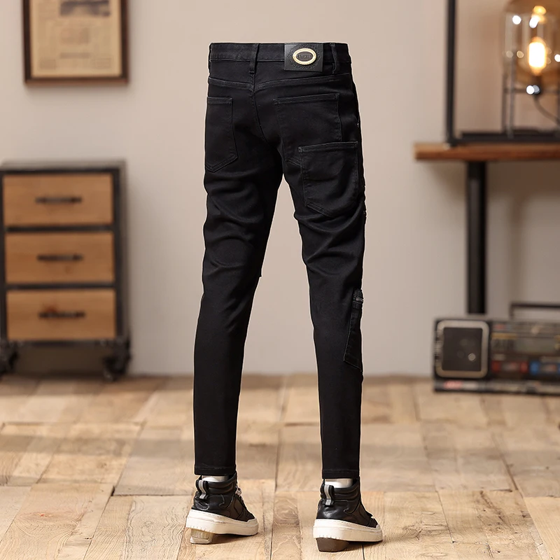 Street Fashion Men Jeans Black Stretch Skinny Hip Hop Jeans Zipper Pocket Designer Elastic Denim Pencil Pants Men Punk Trousers