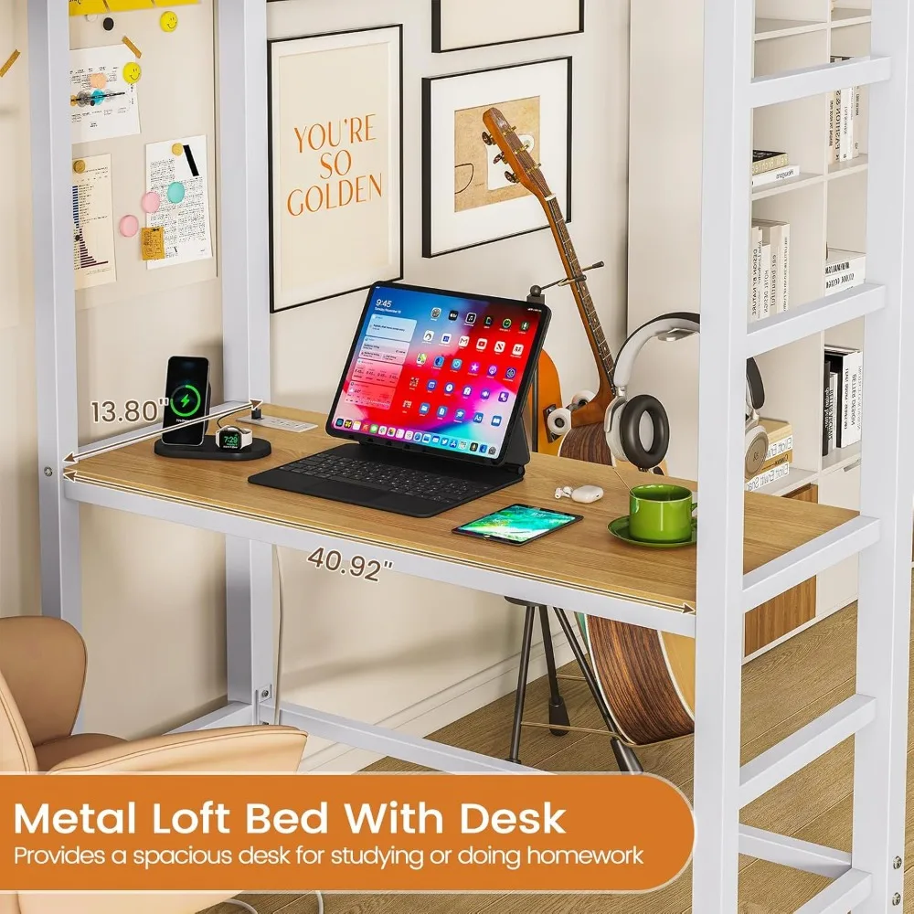 Metal Loft Bed Twin Size with Desk and Charging Station White Twin Loft Bed with LED Lights, 4Storage Shelves and2Fabric Drawers 4