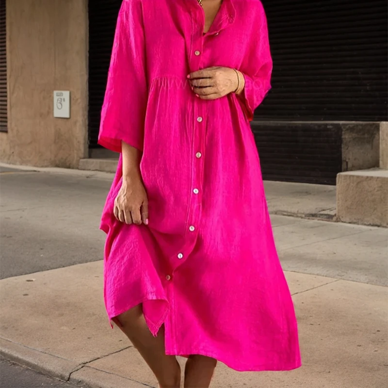 Casual Dress For Women Spring Autumn New Long Sleeve Button O-neck Loose Solid Fashion Elegant Commute Female A-line Dress - 6