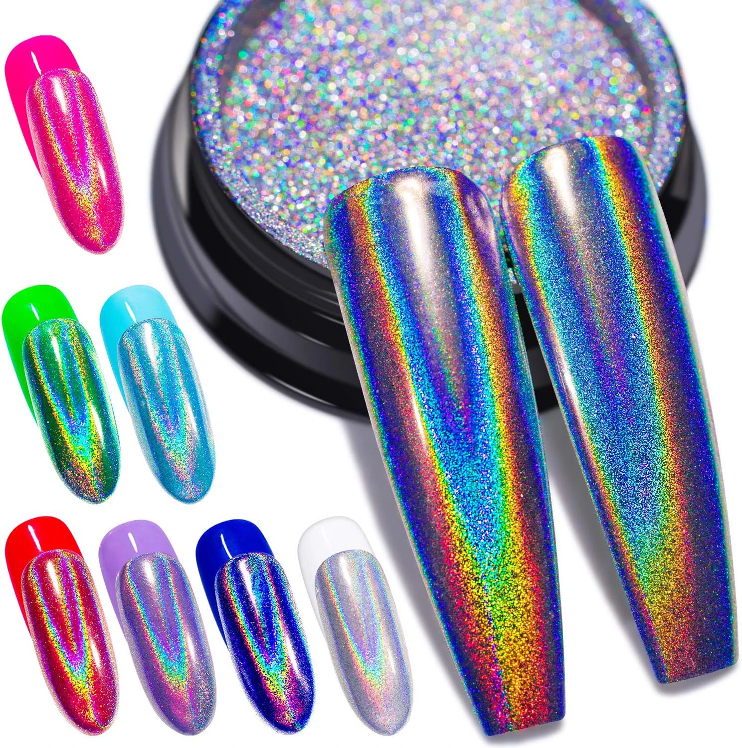 1Box Holographic Laser Chrome Nail Glitter Powder Rainbow Unicorn Mirror Effect Pigment Nail Rubbing Dust with Sponge Applicator