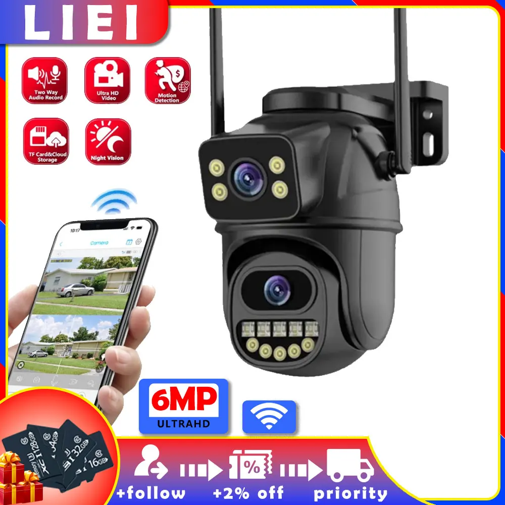 

LIEI 4K 3 + 3 6MP WiFi Surveillance Camera Dual Lens 4X Digital Zoom AI Human Detect Outdoor Security PTZ IP 360 Smart Cameras