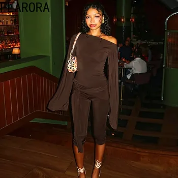 FLARORA Elegant Solid 2 Piece Sets Woman Sexy Slash Neck Flare Full Sleeve Crop Tops And Bandage Capri Pants Hottie Party Suits