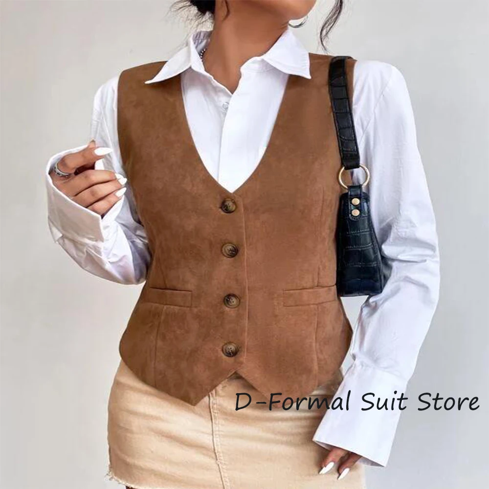 

Women's Suede Vest Slim Fit V-neck Retro High Street Shopping Outer Ladies Spring Jumper Eam Zevity Store Denim Coats Short Sets