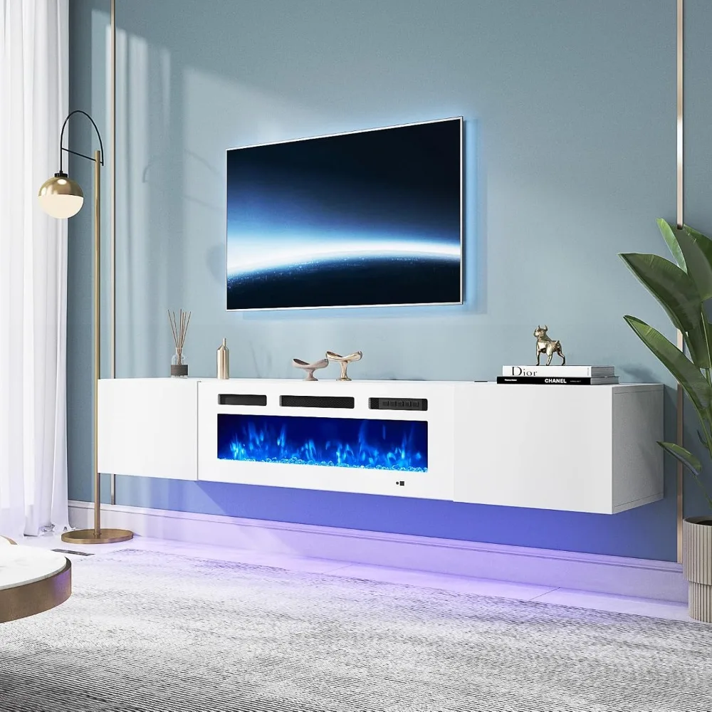 TV Stand with 36" Electric Fireplace, Wall Mounted Fireplace Entertainment Center with Storage, 70" TV Console with Fireplace 2