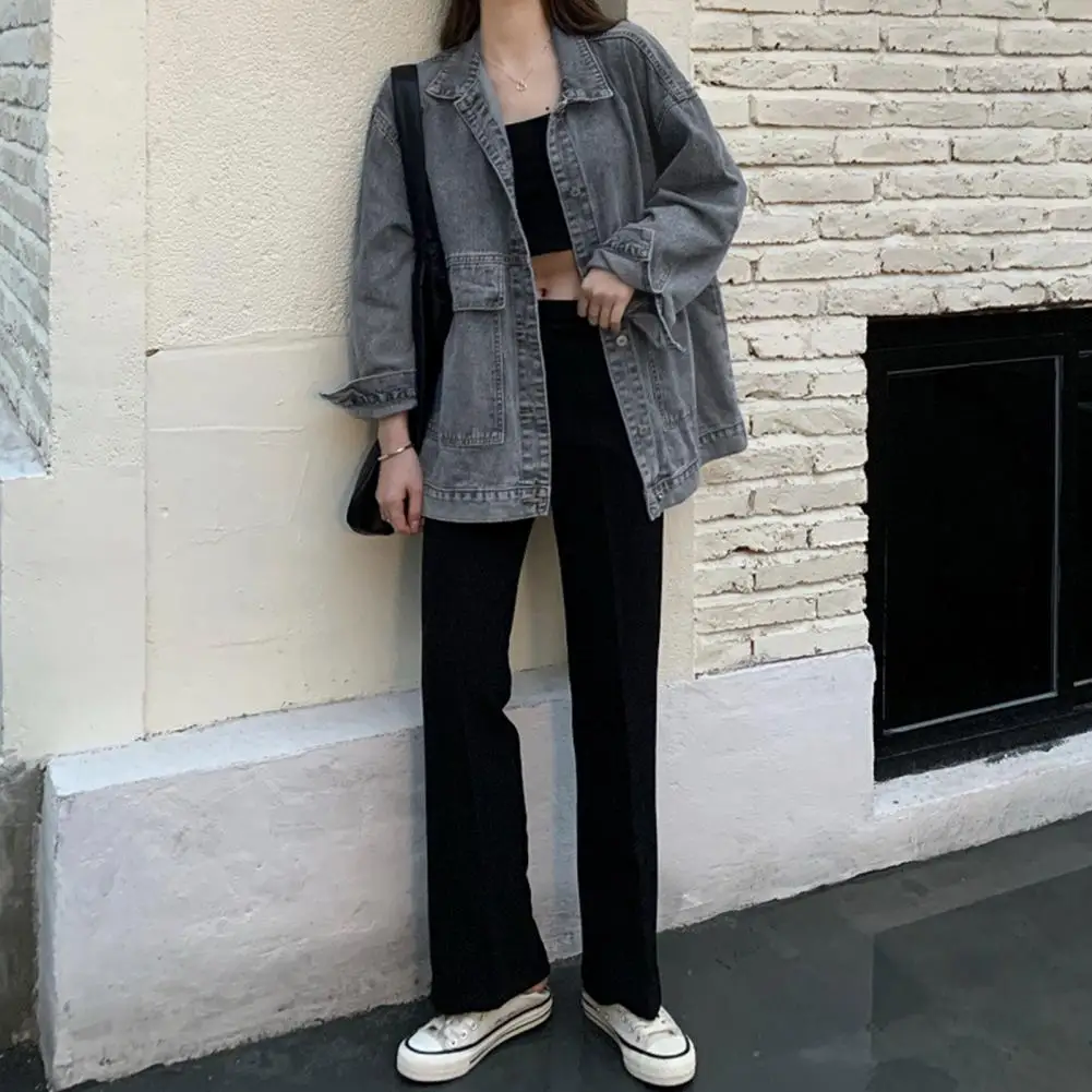 

Stylish Women Coat Washed Denim Loose Women Jacket Lapel Pure Color Women Coat