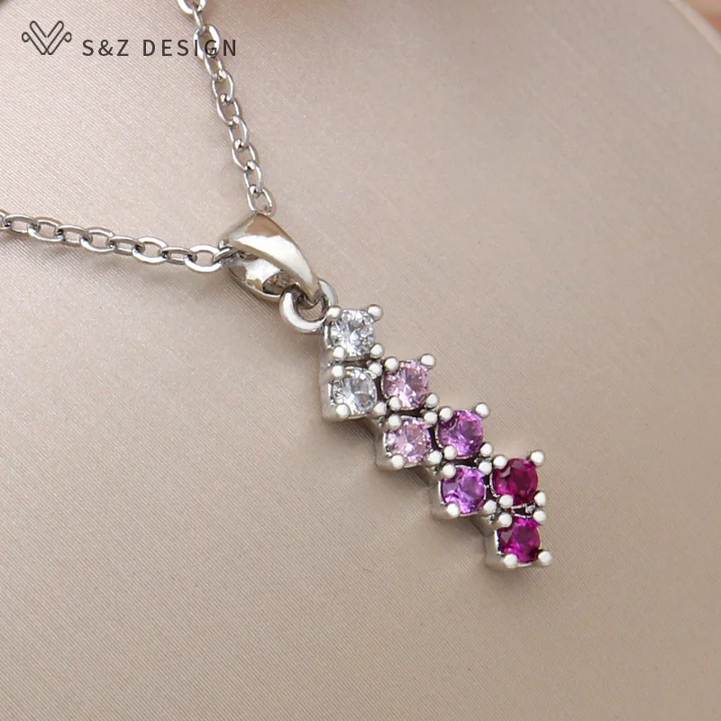 S&Z DESIGN New Fashion 585 Rose Gold Color Pink Gradation Cubic Zirconia Pendant Necklace For Women Party Stylish  Jewelry Gift