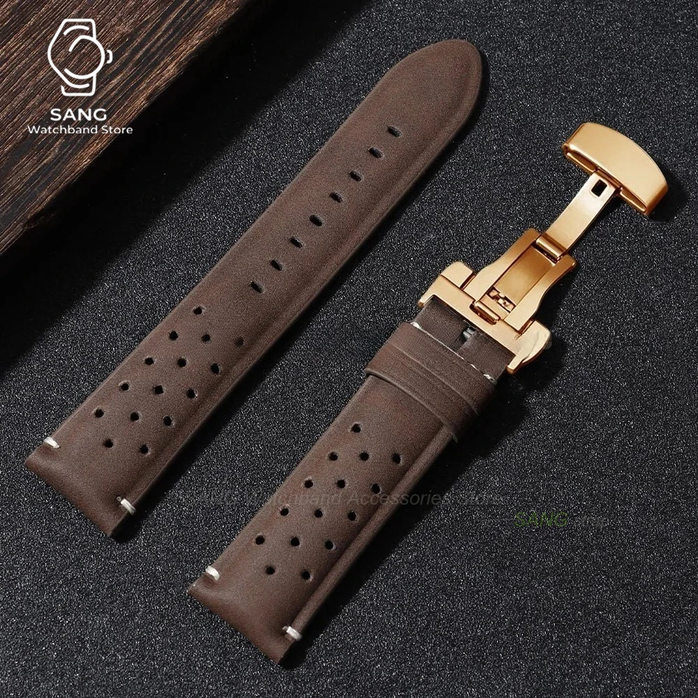 Vintage Brown Leather Strap with Butterfly Buckle - Breathable Business Watch Band Bracelet in Matte Finish