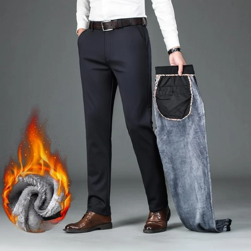 

Business Casual Plus Velvet Thick Men's Pants Autumn Winter Warm High Waist Elastic Trousers Daily Office Handsome Men Clothing
