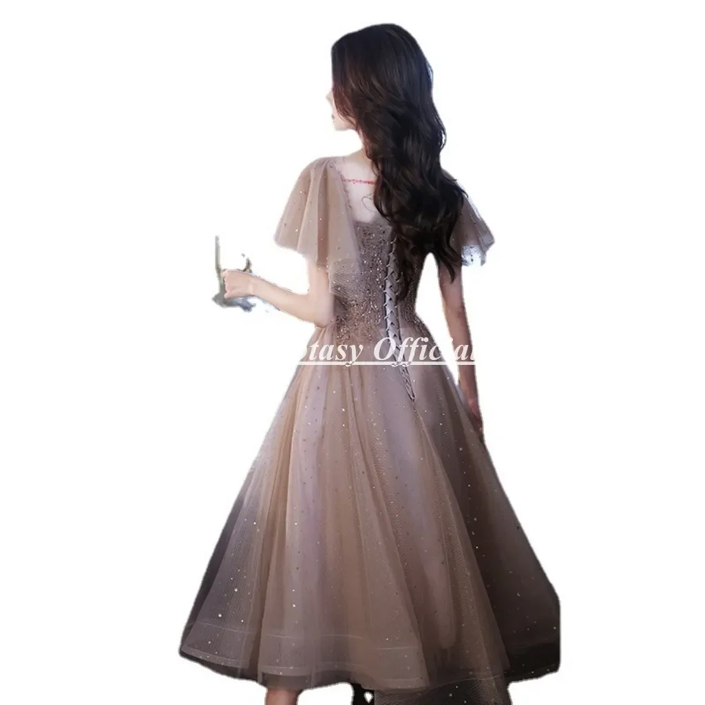 Square Neckline Cocktail Party Dresses With Short Sleeves Tea Length Lace Appliques Woman Dress For Occasions